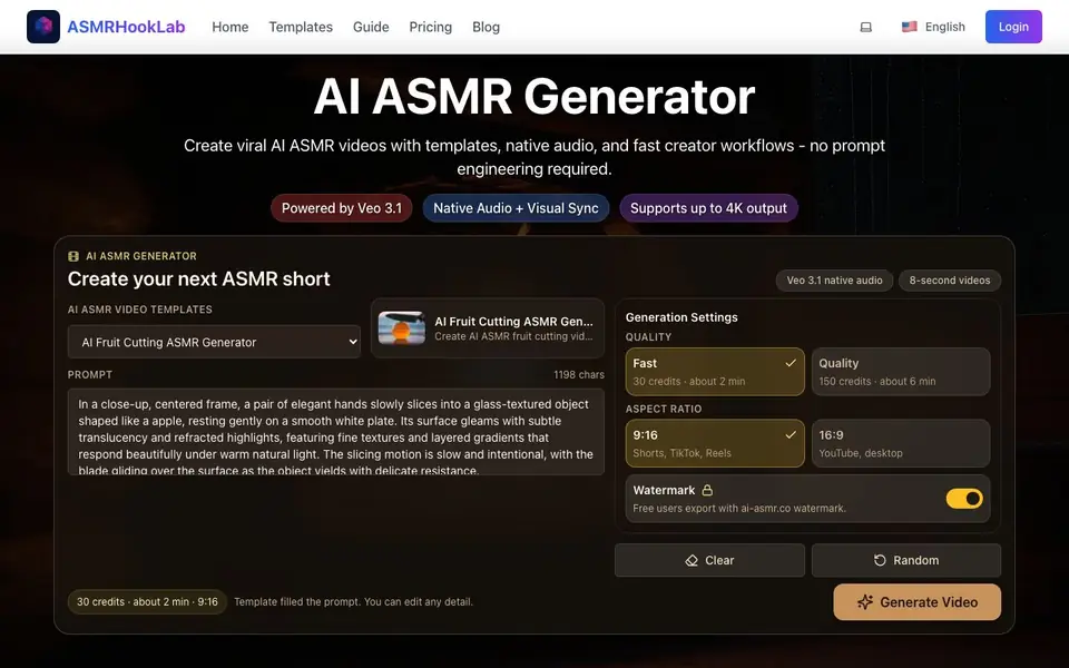 AI ASMR Generator- Create Viral Videos Instantly homepage screenshot