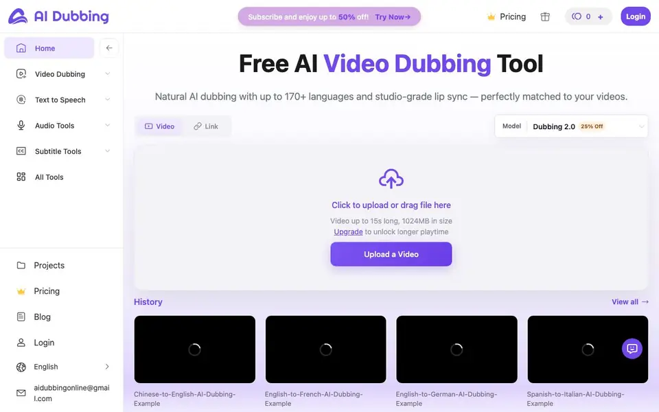 AI Dubbing homepage screenshot