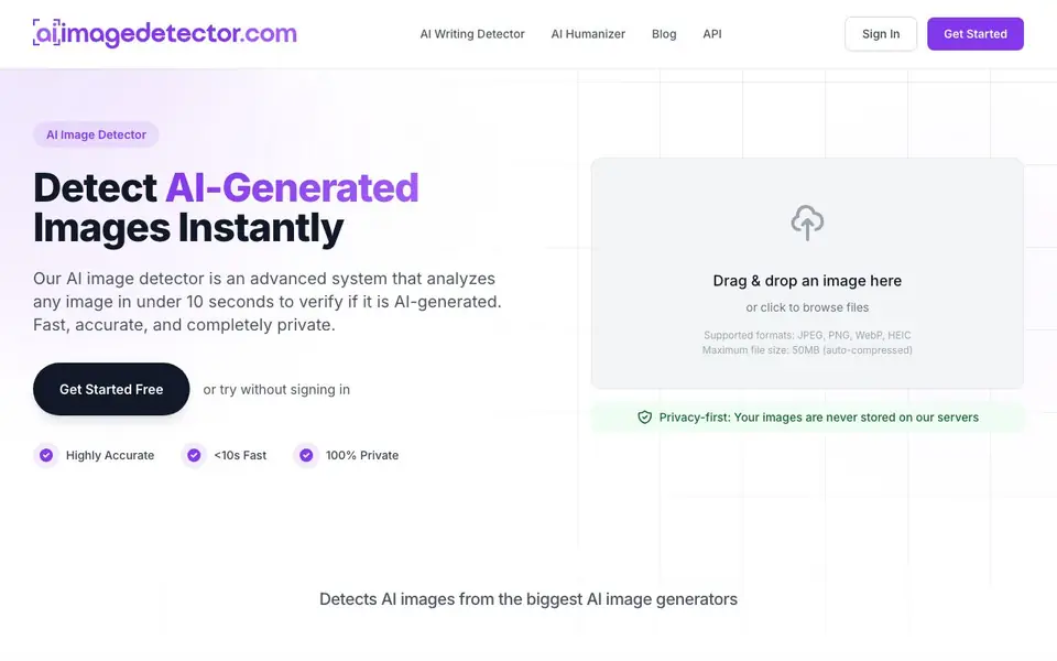 AI Image Detector homepage screenshot