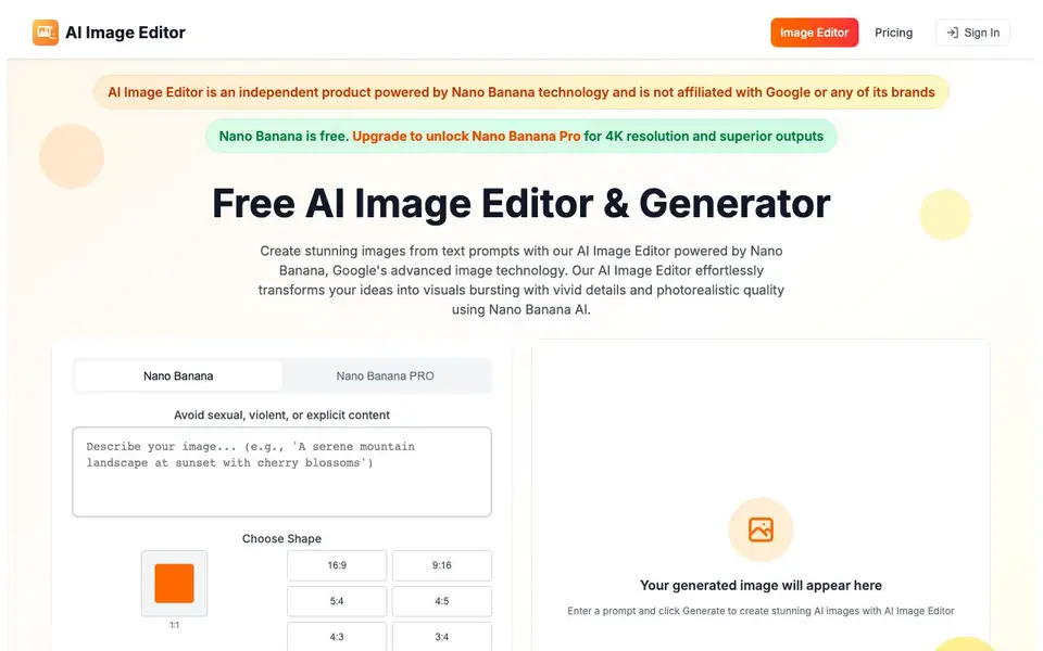AI Image Editor homepage screenshot