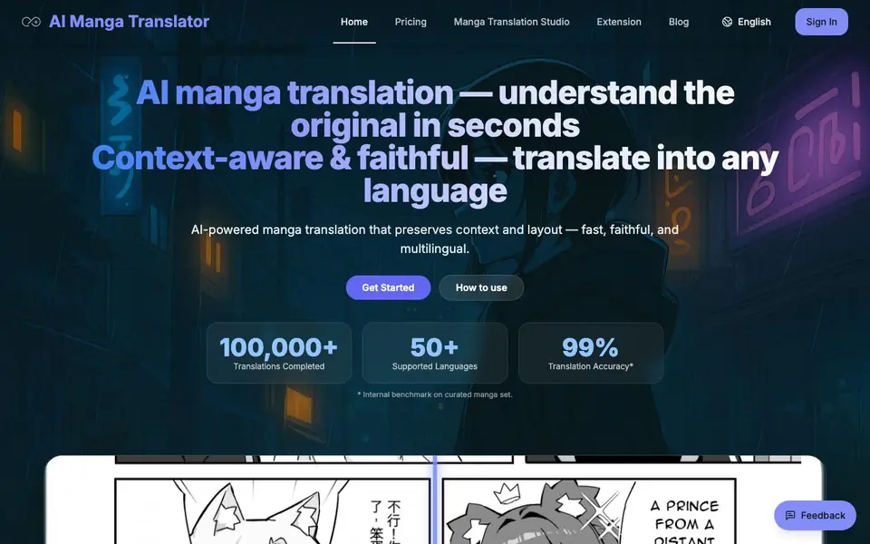 AI Manga Translator homepage screenshot