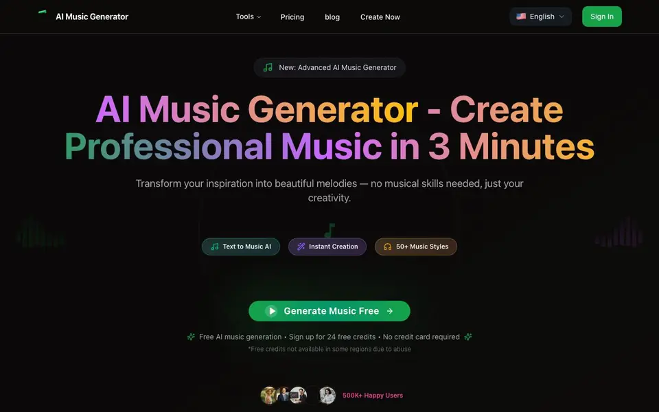 AI Music Generator homepage screenshot