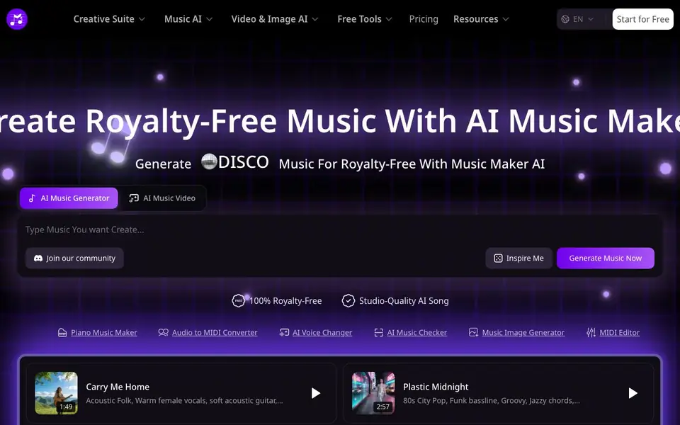 AI Music Maker homepage screenshot