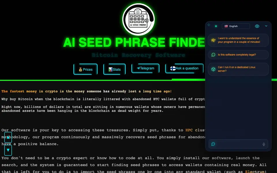 AI Seed Phrase Finder homepage screenshot