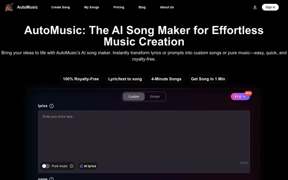 AI Song Maker homepage screenshot