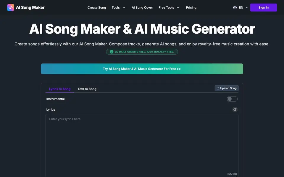 AI Song Maker homepage screenshot