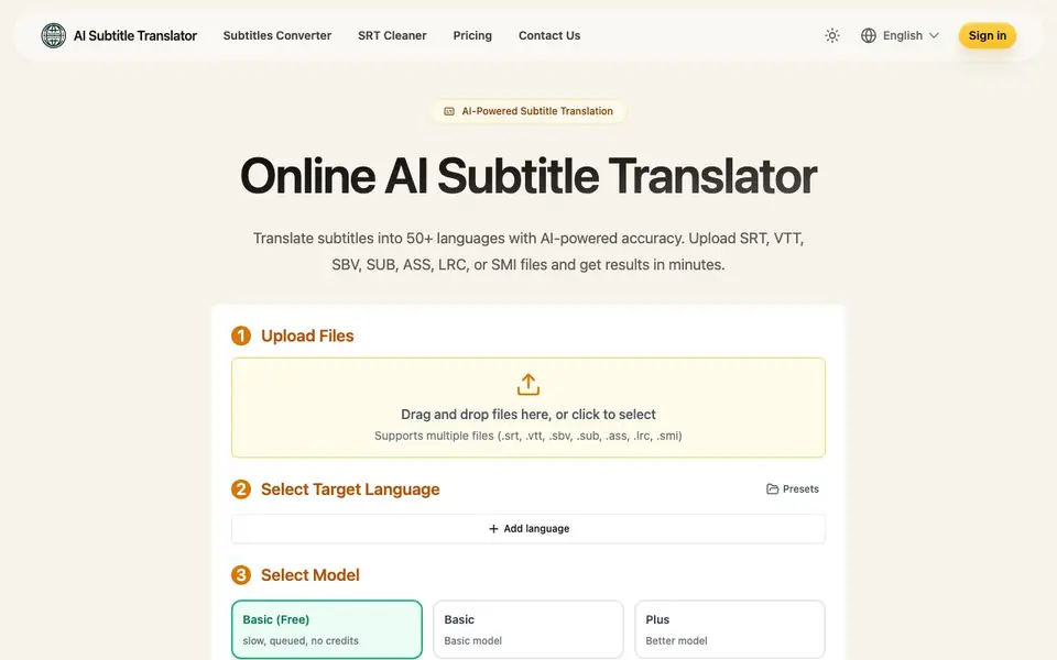 AI Subtitle Translator homepage screenshot