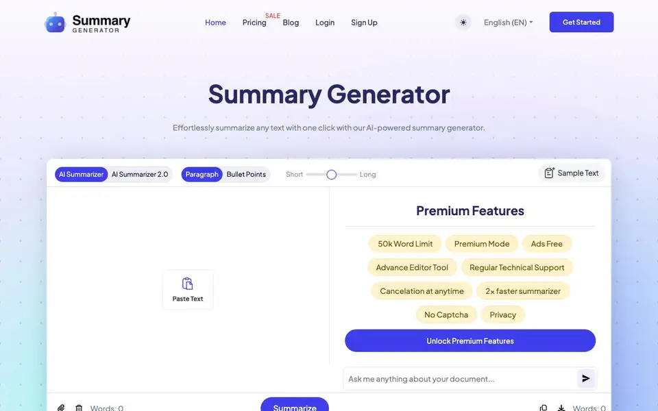 AI Summary Generator homepage screenshot