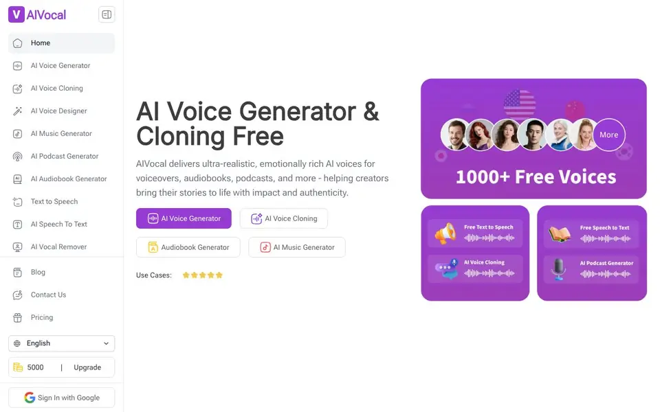 AI Voice Generator by AIVocal homepage screenshot