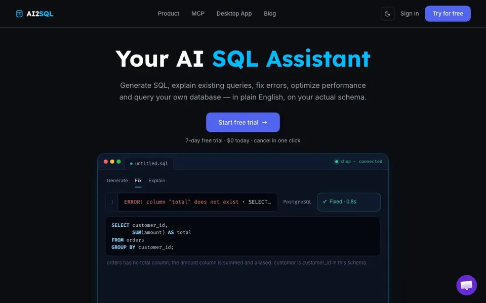 AI2sql homepage screenshot