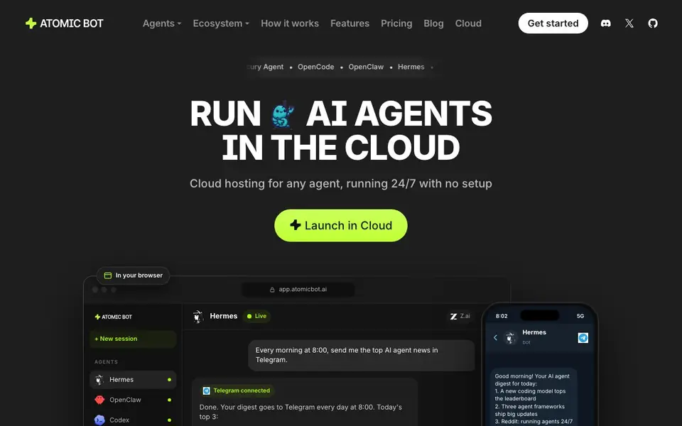 Atomic Bot homepage screenshot