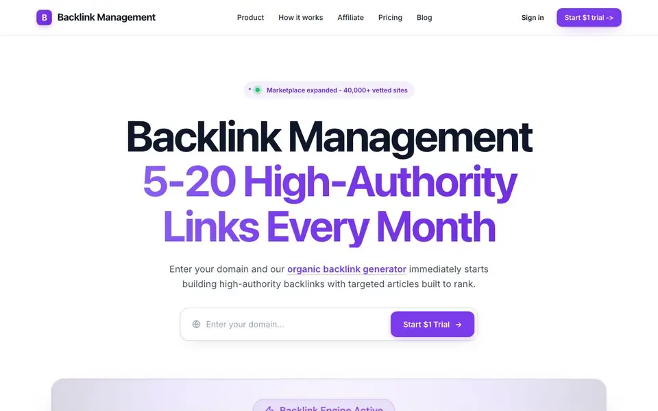 Backlink Management homepage screenshot