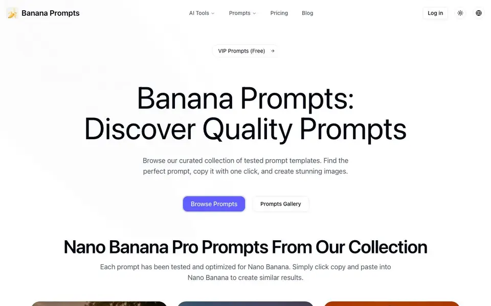 banana prompts homepage screenshot