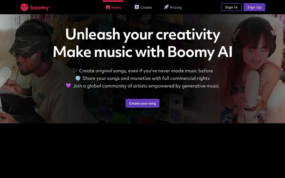 Boomy homepage screenshot