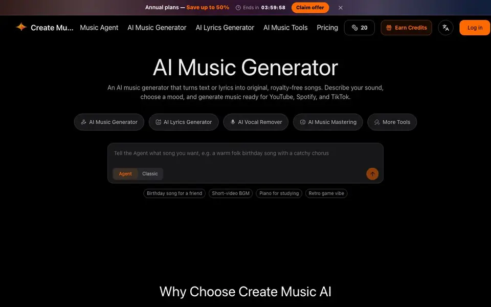 Create Music AI homepage screenshot