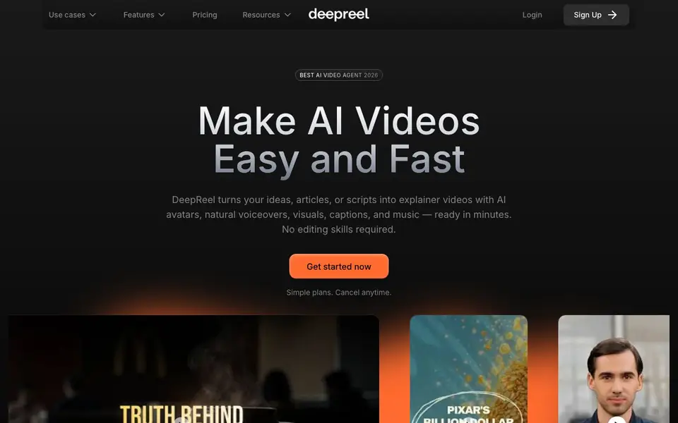 DeepReel homepage screenshot