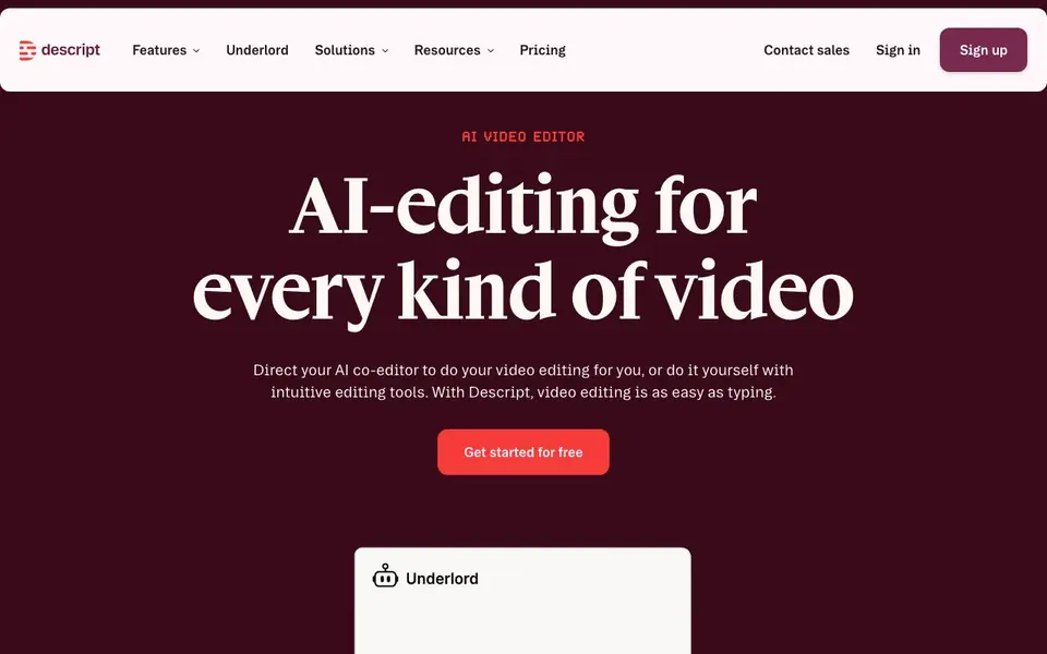Descript homepage screenshot