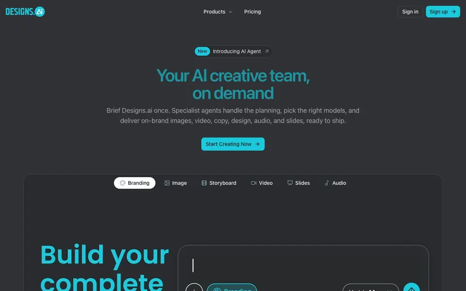 Designs AI homepage screenshot