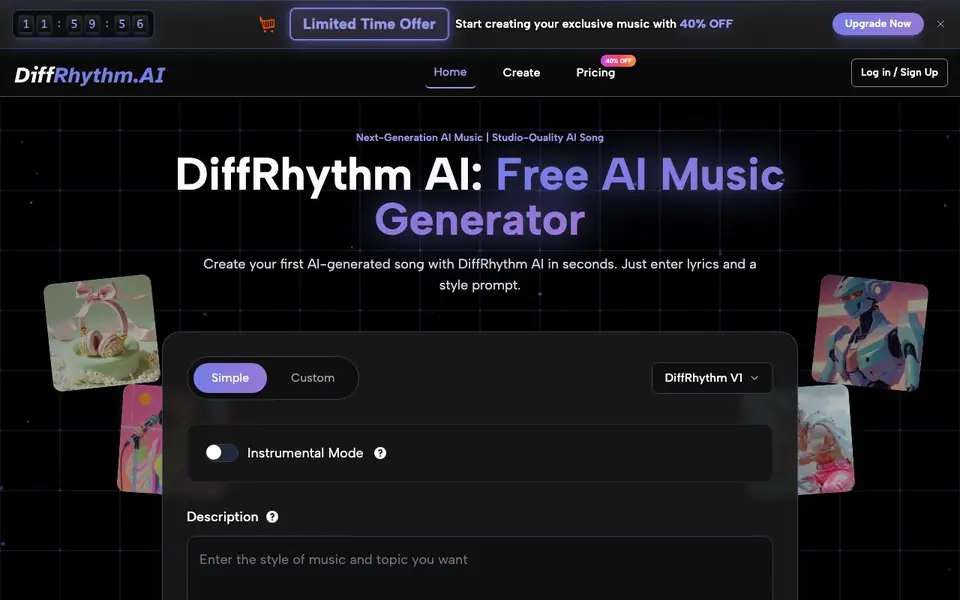 DiffRhythm AI homepage screenshot