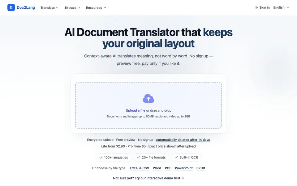 Doc2Lang homepage screenshot