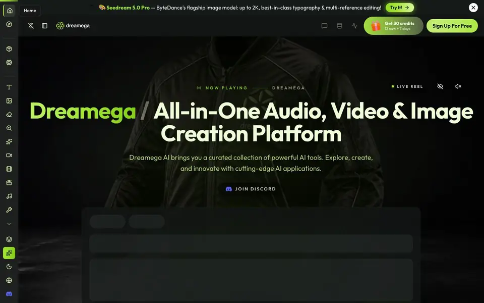 Dreamega AI homepage screenshot