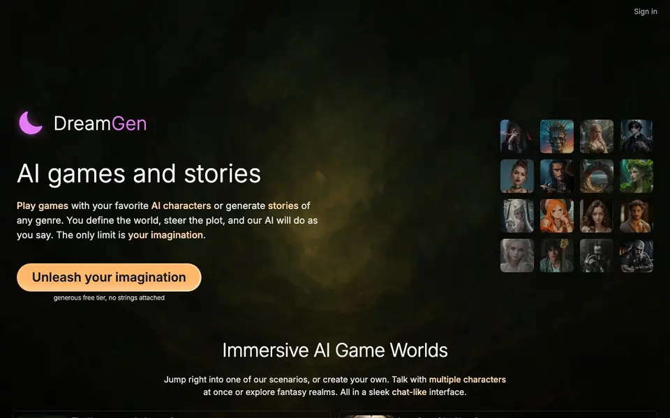 DreamGen homepage screenshot
