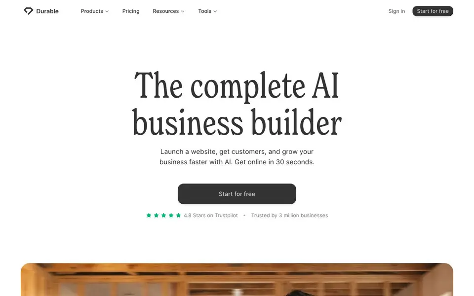 Durable homepage screenshot