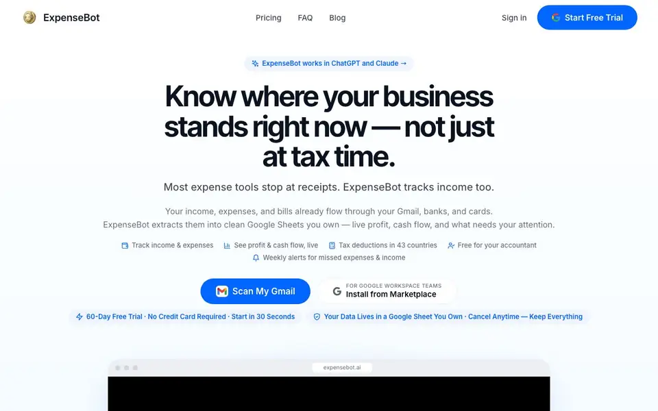ExpenseBot homepage screenshot