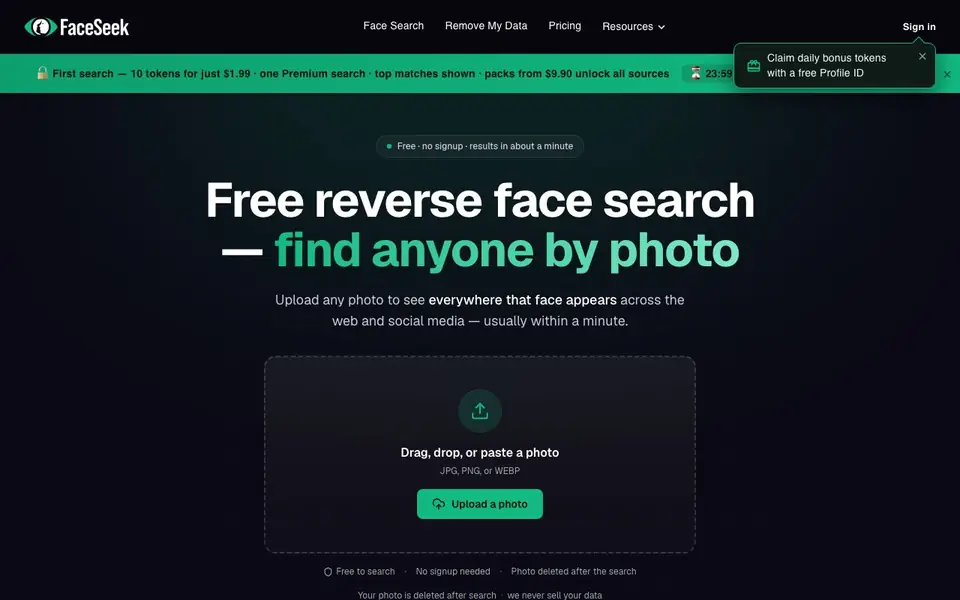 FaceSeek - AI Face Search homepage screenshot