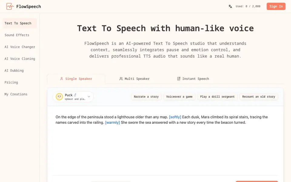 FlowSpeech homepage screenshot