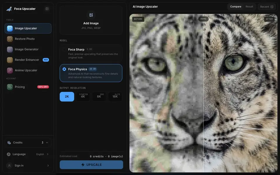 Foca Upscaler homepage screenshot