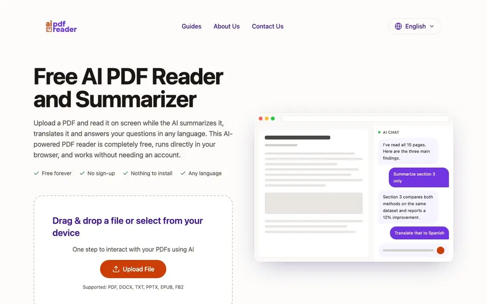 Free AI PDF Reader homepage screenshot