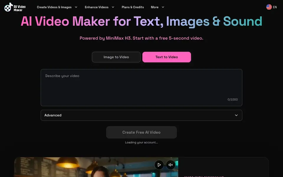 Free AI Video Maker & Generator homepage screenshot