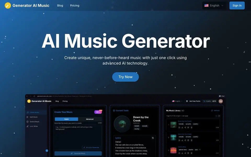Generator AI Music homepage screenshot