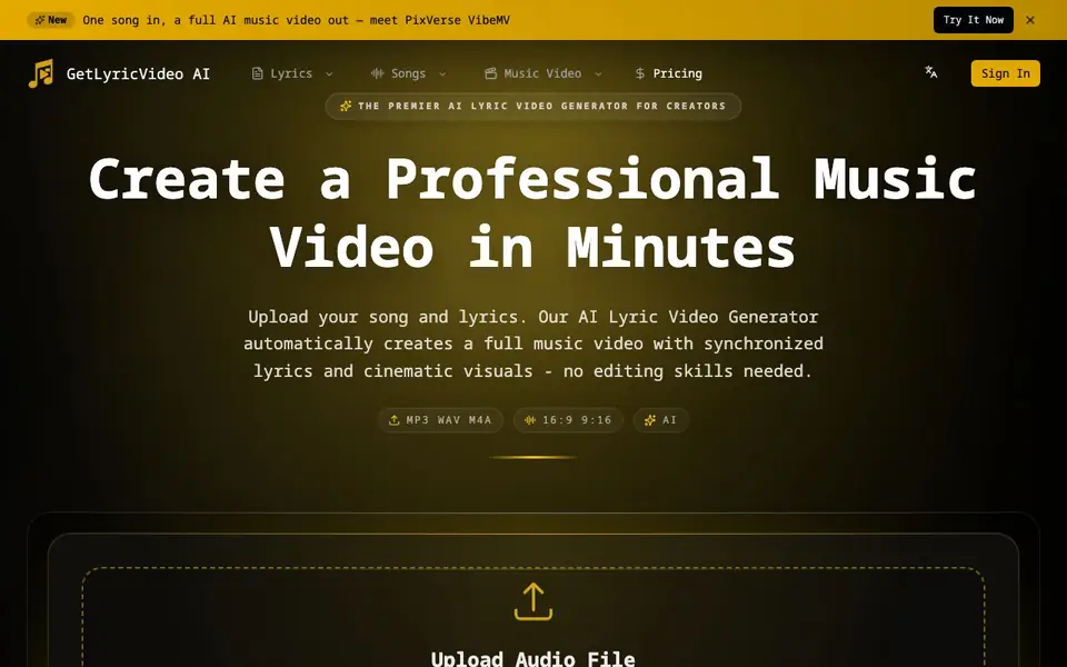 GetLyricVideo AI homepage screenshot