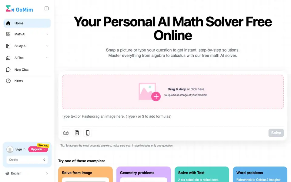 GoMim Math AI homepage screenshot
