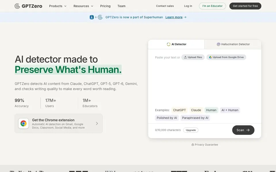 GPTZero homepage screenshot