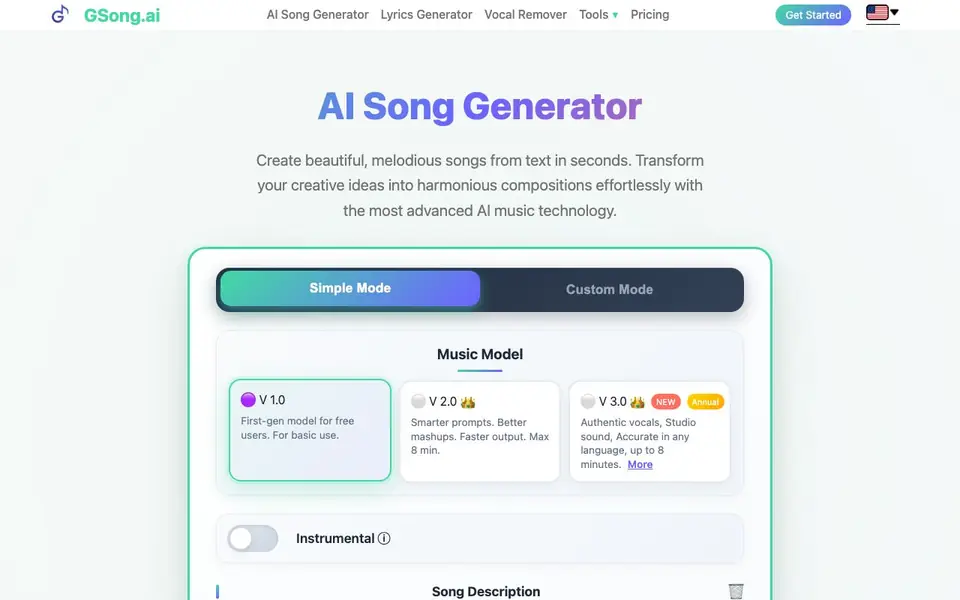 GSong.ai homepage screenshot
