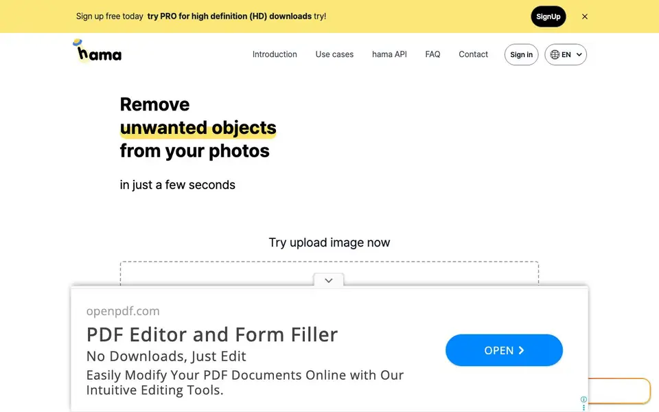 HAMA | AI Object remover, Image Eraser homepage screenshot