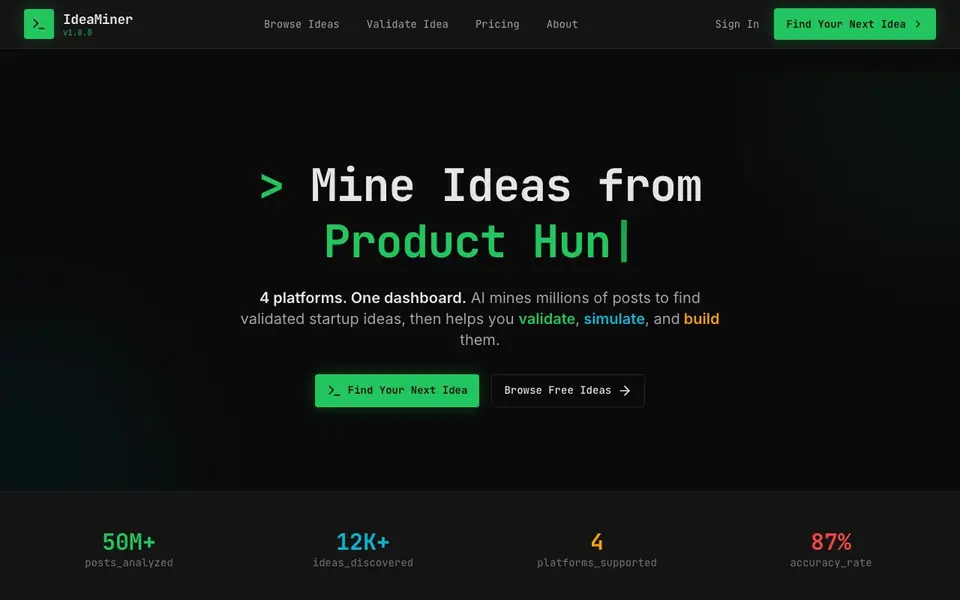 IdeaMiner homepage screenshot
