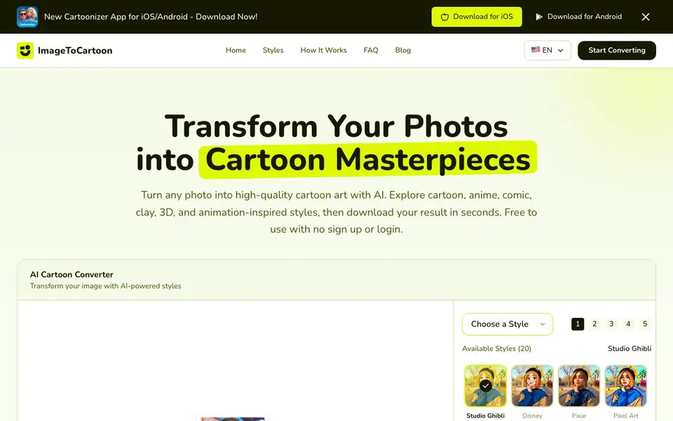 Imagetocartoon homepage screenshot