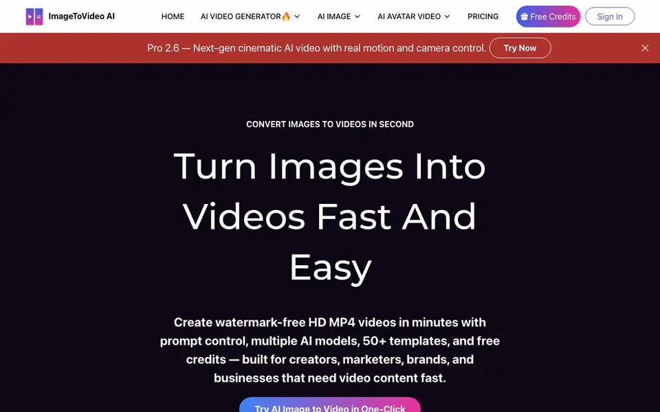 ImageToVideo AI homepage screenshot