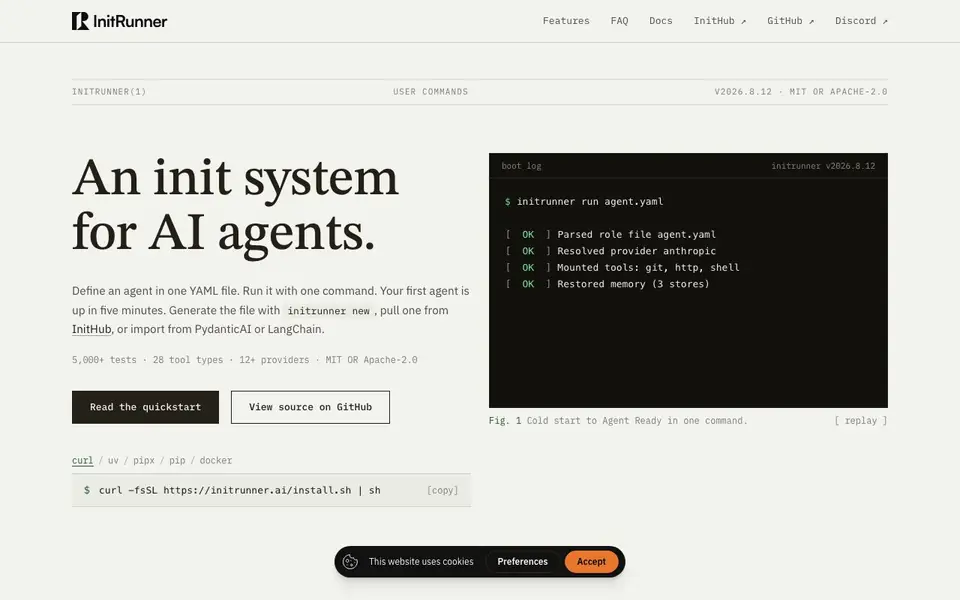 InitRunner homepage screenshot