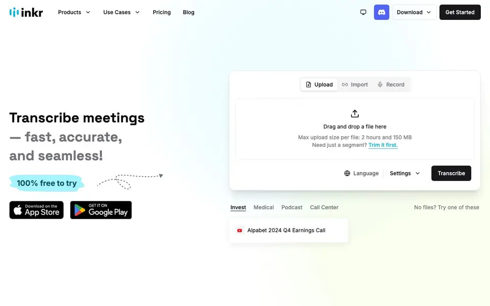 Inkr homepage screenshot