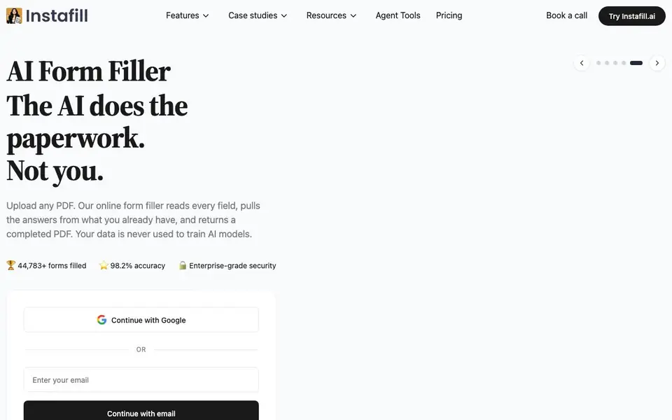 Instafill.ai homepage screenshot