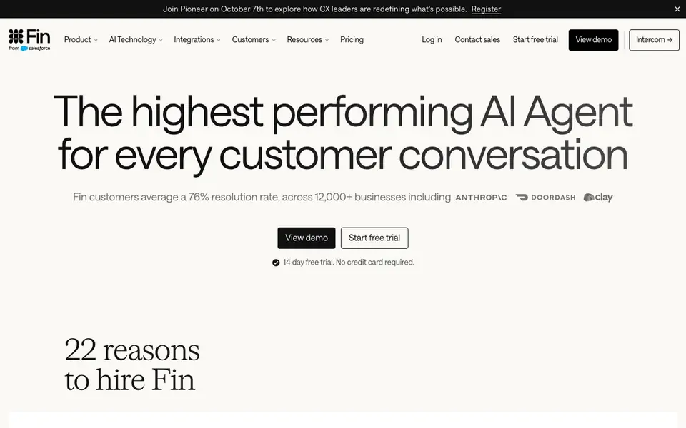Intercom Fin homepage screenshot