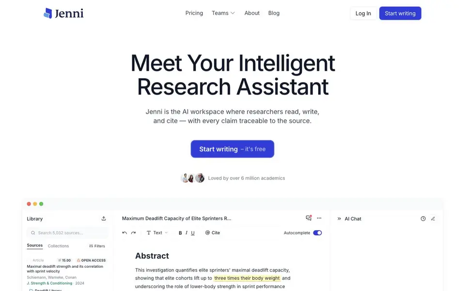 Jenni AI homepage screenshot