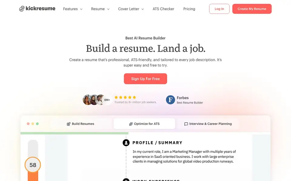 Kickresume homepage screenshot
