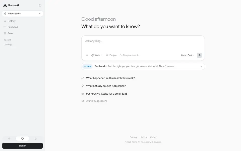 Komo AI homepage screenshot