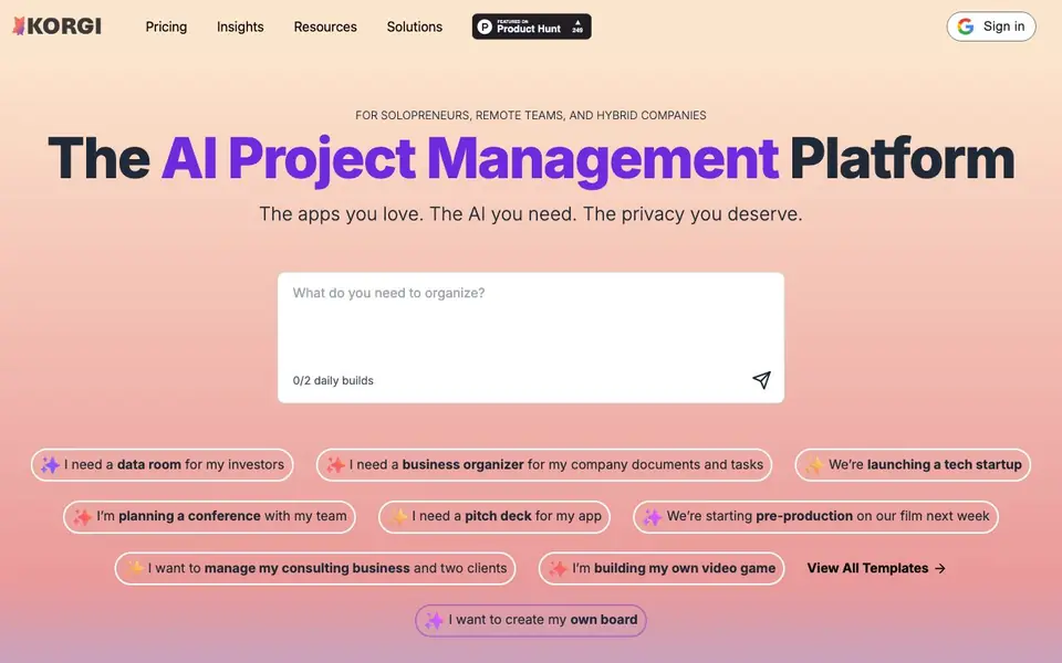 Korgi homepage screenshot